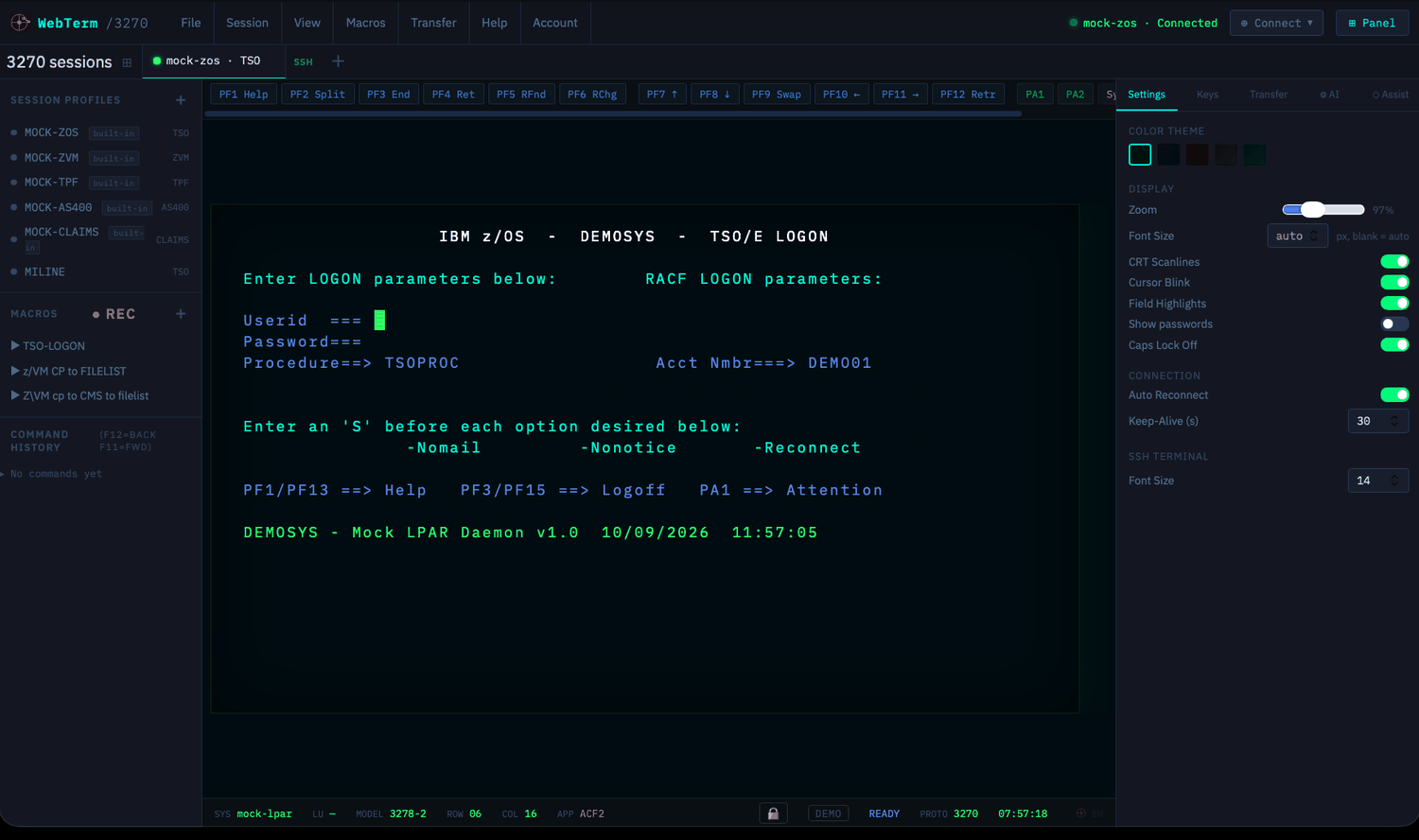 The WebTerm/3270 client running in a browser tab: session profiles down the left, the PF-key bar across the top, a live TN3270 session on the shipped mock z/OS LPAR sitting at the TSO/E logon panel, and the settings panel open on the right.